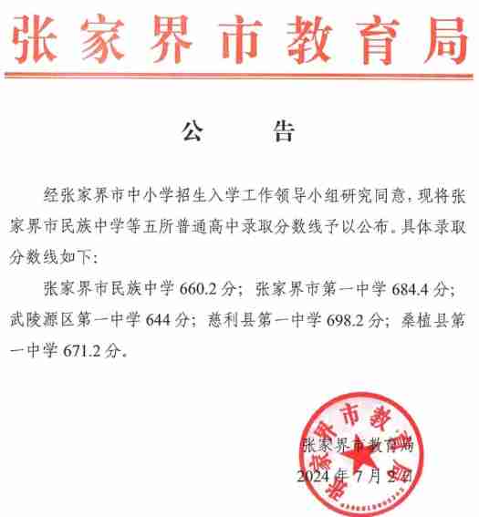 2024年張家界中考錄取分數(shù)線